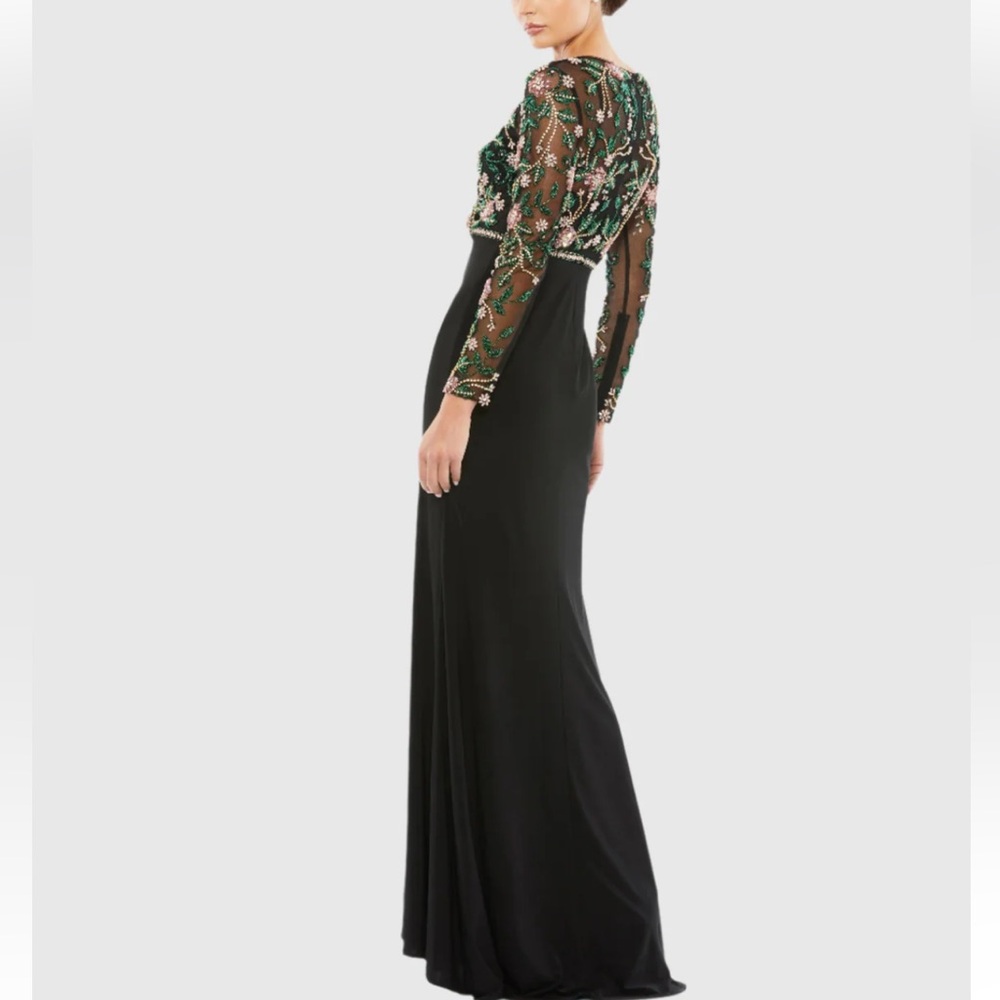 Mac Duggal Black Maxi Dress with Green Floral Embroidery - Picture 3 of 8
